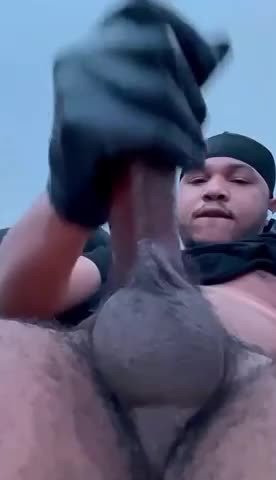 Black stud in rubber gloves teases and edges his cock to a hot cum finish